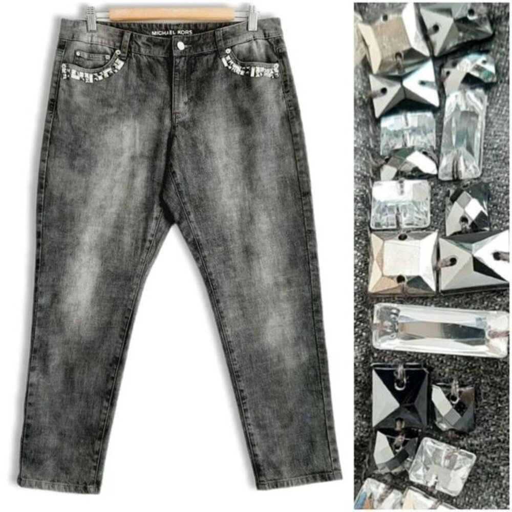MICHAEL KORS / Jewelled Gem Pocket Cropped Skinny Jeans Grey Sz 10